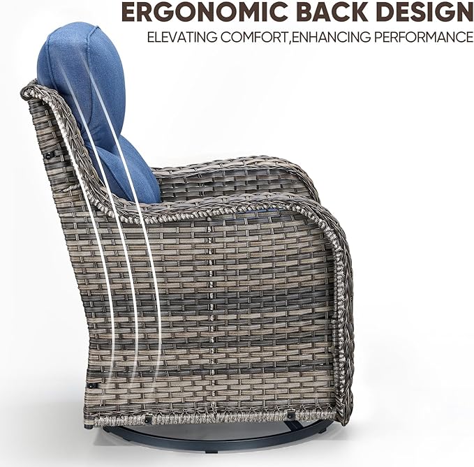 Swivel Patio Chairs Set of 3 with 6" Thick Cushion - Wicker Outdoor Swivel Rocker Patio Chairs with Side Table, High Back Comfortable Outdoor Glider- Grey Wicker | Blue Cushions
