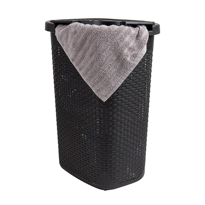 Mind Reader 60L Slim Laundry Hamper, Clothes Basket, Lid, Wicker Design, Plastic, 17.65"L x 13.75"W x 24.15"H, Black