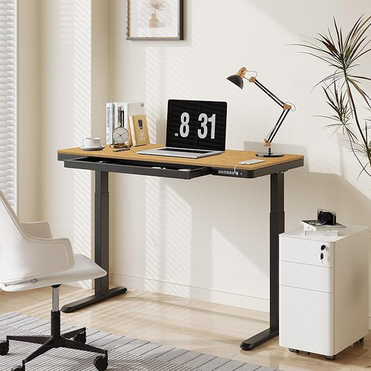 FLEXISPOT Comhar Electric Standing Desk with Drawer Desktop & Adjustable Frame w/USB Charge Ports (Bamboo-Look Laminate/Black, Wood)
