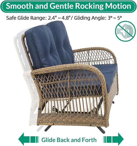 VIVIJASON 7-Piece Outdoor Patio Wicker Conversation Sets, All Weather Outdoor Rattan Furniture Set Includes Glider Loveseat, 2 Rocking Chairs, 2 Glider Rocker Chairs, 2 Coffee Table, Navy Blue