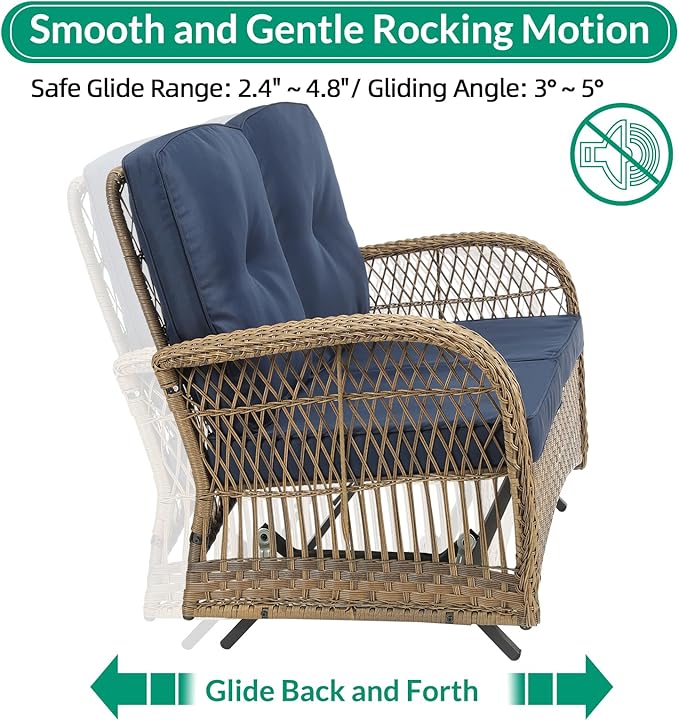VIVIJASON 5-Piece Outdoor Patio Wicker Conversation Sets, All Weather Outdoor Rattan Furniture Set Includes Glider Loveseat, 2 Coffee Table, 2 Rocking Chairs with Cushions for Backyard, Navy Blue