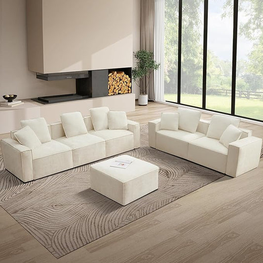 WILLOVE Modular Sectional Sofa Set, Chenille Cloud Couch with Wide Armrests & 8 Pillows, Deep Seat Couches for Living Room, 6-Seater Beige