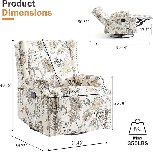 Premium 360° Swivel Recliner Chair with Footrest - Luxurious Cotton Linen & Botanical Design-Cream Plant