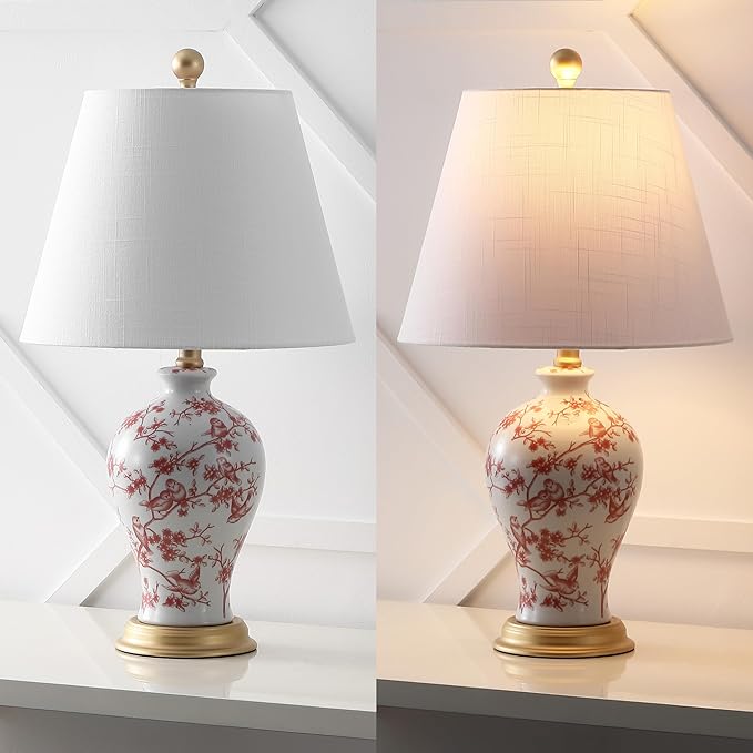 JONATHAN Y JYL3009C Grace 24" French Country Cottage Ceramic/Iron Floral Urn LED Table Lamp, White/Red for Bedroom, Living Room, Office, College