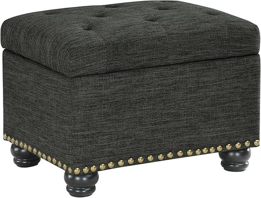 Convenience Concepts Designs4Comfort 5th Avenue Upholstered Storage Ottoman 24" - Contemporary Foot Stool and Seat with Hinged Lid for Living Room, Dining Room, Office, Den, Dark Charcoal Gray Fabric