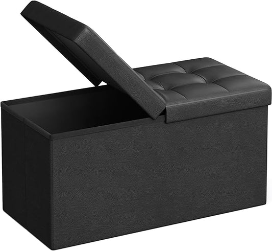 SONGMICS MAZIE Collection - 30 Inches Storage Ottoman Bench with Flipping Lid, Storage Chest Footstool, Load 660 lb, for Entryway, Living Room, Bedroom, Synthetic Leather, Black ULSF45BK