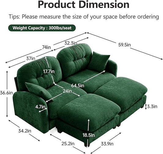 74" Loveseat U Shaped Couch with 2 Ottoman, Comfy Chenille Fabric Cloud Sectional Couch, Modern Upholstered Deep Seat Sofas with Armrest Pillow, Cloud Sofa for Small Spaces Apartment, Green