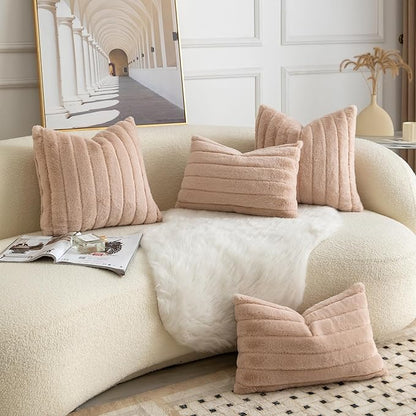 Pack of 2 Faux Fur Throw Pillow Covers 22x22 Inch Striped Decorative Soft Plush Couch Pillow Case Home Decor for Bed, Sofa, Living Room Beige