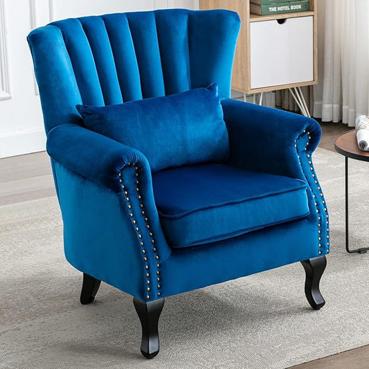 Accent Reading Arm Chairs Midcentury Modern Comfy Corner Sofa Chair, Wingback Waiting Room Club Chair with Tufted Back for Living Room/Bedroom/Reception Room, Velvet Blue