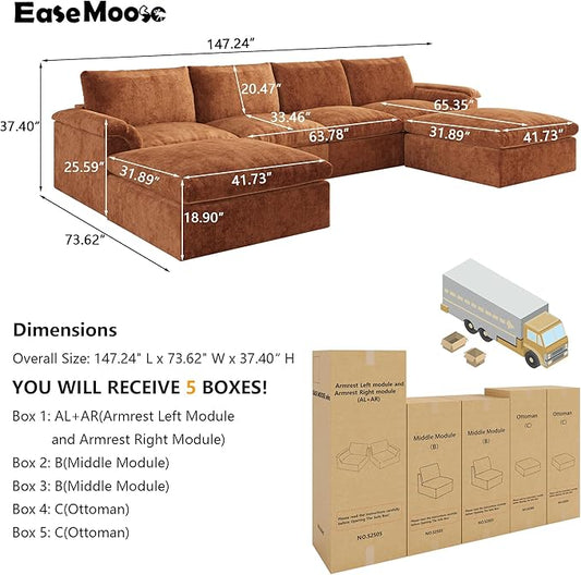 EASE MOOSE Boneless Modular Cloud Couch, U-Shaped Oversized Sectional Sofa for Living Room with Ottoman, Extra Large Movable Couches, 6-Deep-Seat Sofas for Bedroom, Apartment, Chenille (Brown)