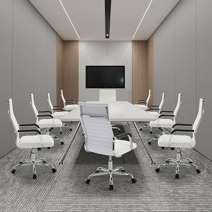 Office Chair, Ergonomic Executive Conference Room Chairs, Ribbed Leather Desk Chair with Lumbar Support, Adjustable Height Mid-Back Swivel Chair (Square Tube Armrests, White)