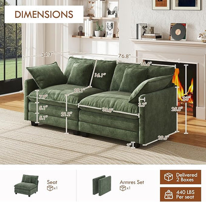 WorthFurni 77 Inch Cloud Sofa Loveseat, Comfy Sectional Couch, 2-Seater Chenille Deep Seat Sofa with Throw Pillows for Living Room Bedroom Apartment (Green)
