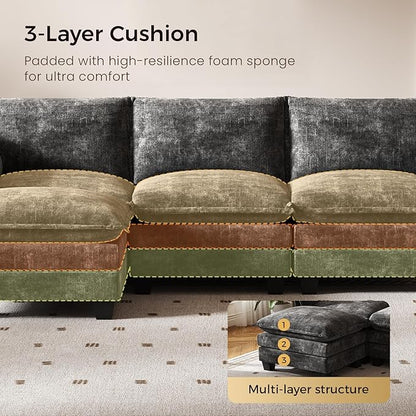 KKL Modular Sectional Sofa Bed, 4 Seater Convertible L-Shaped Sleeper Cloud Couch with Ottoman, Chenille Sectional Couches for Living Room, Apartment Grey