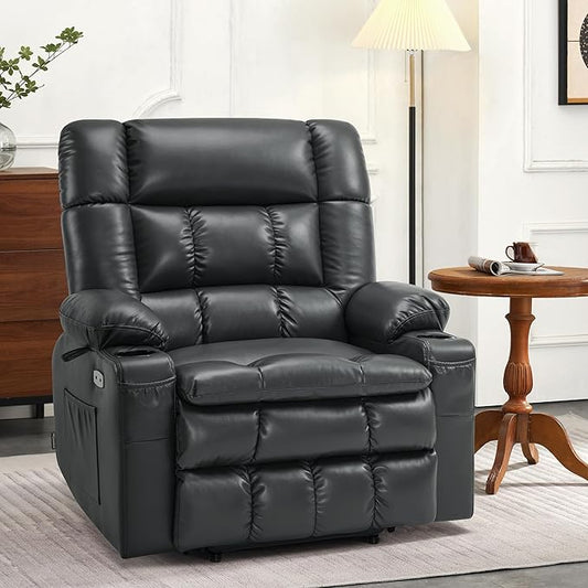 MCombo Dual Motor Power Lift Recliner Chair for Elderly, Lay Flat Lift Chair with Heat and Massage, Extra Wide Lift Recliner for Big People, Cup Holders, Faux Leather R7897 (Black, Medium-Wide)