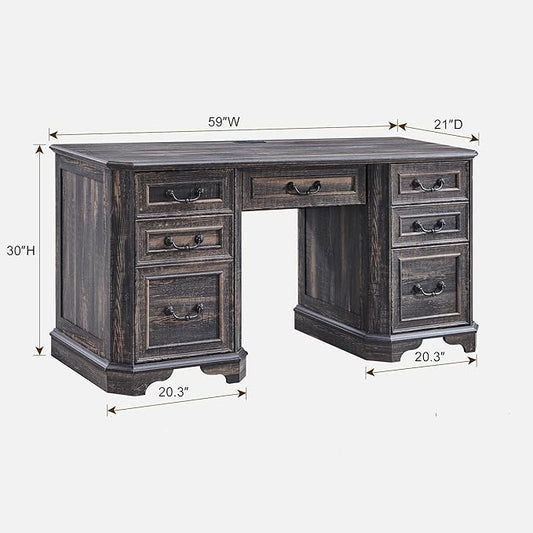 RedLemon 60" Executive Desk with Drawers,Wood Home Office Desk, Featuring Keyboard Tray,Charging Station,File Drawer, Storage Cabinet,for Work and Study (Dark Rustic Oak)