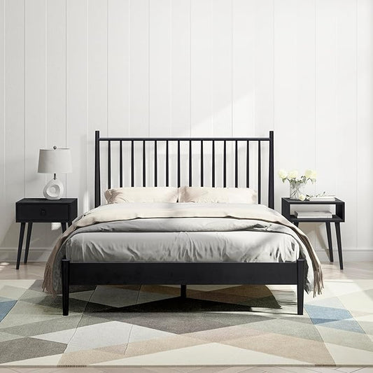 NTC Inno Wooden Bed Frame with Headboard, Solid Oak and Rubber Wood Foundation with Silent Slats and Wood Central Supports, 1000 Lb Capacity, Effortless Assembly, Queen - Burnt Black