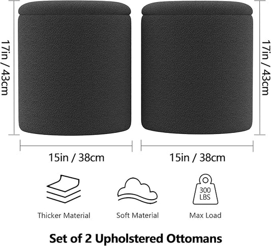 Ottoman Poufs with Storage, Set of 2 Soft Upholstered Vanity Stool,Multifunctional Ottomans Coffee Table Padded Seat Foot Rest for Living（Black, Pack of 2）