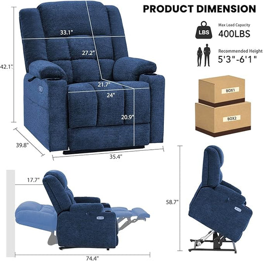 EONIX Dual Motor Lay Flat Power Lift Recliner Chair for Elderly, Electric Recliner Lift Chair for Adults with Cup Holders, 400lbs Heavy Duty Power Lift Sofa with Heat and Massage, Navy Blue