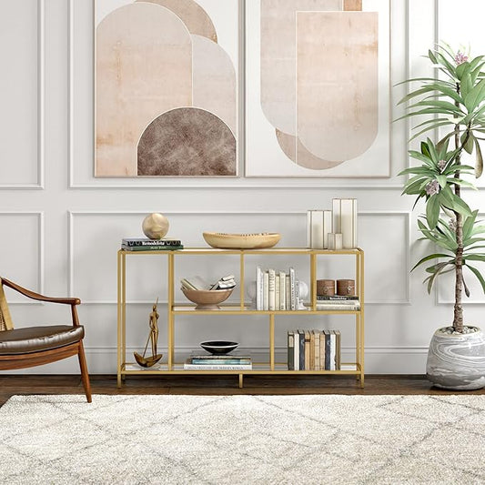 Henn&Hart 52" Wide Rectangular Console Table with Glass Shelves in Brass, Entryway Table, Accent Table for Living Room, Hallway