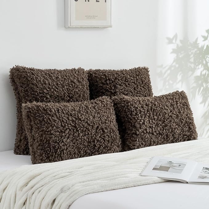 FUTEI Chocolate Decorative Throw Pillow Covers 24x24 Inch Set of 2,Soft Fluffy Faux Wool Fur Boucle Textured European Cushion Case,Modern Home Decor for Couch Bed Living Room Office