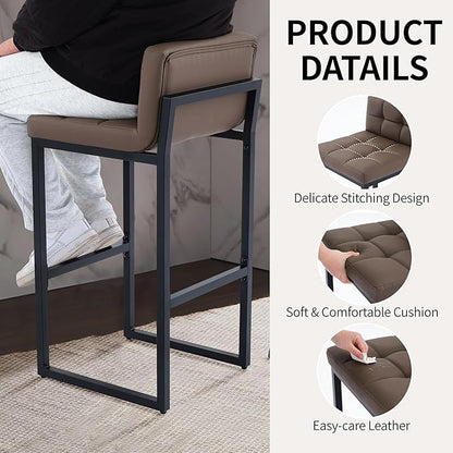 Counter Height Bar Stools Set of 2, Modern Faux Leather Counter Stools with Low Back and Footrest, Upholstered Bar Chairs for Kitchen Island (Coffee Brown, 2Pcs 26" Bar Stools)