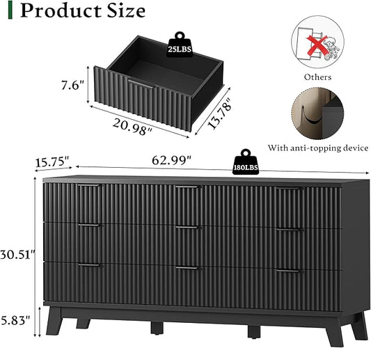 Fluted Dresser with 9 Drawers, 63" Wide Modern Chest of Drawers with Metal Handle, Wooden Dresser TV Stand, Wood Closet Clothes Storage Organizer for Bedroom, Living Room, Hallway, Solid Black