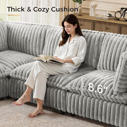KKL Modular Sectional Couch for Living Room, V Shaped Corduroy Couches with Corner Seat, 5 Seater Oversized Sofa Convertible to Sleeper, Soft Fabric Modern Sofa, Grey