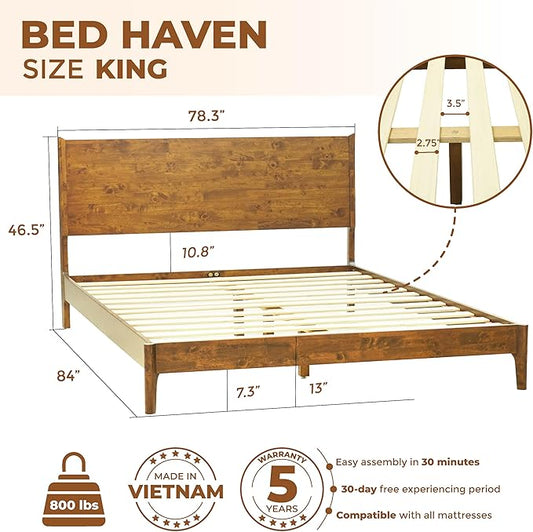 Acacia Haven King Wooden Bed Frame, 100% Solid Wood Platform Bed with Headboard, All Mattress Support & No Box Spring Needed, Effortless Assembly, 800 lbs Capacity, Caramel.