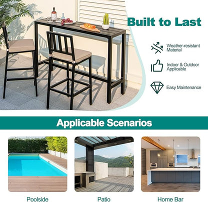 COSTWAY 3 Piece Outdoor Patio Bar Set, 55" Rectangular Pub Height High Top Bar Table with 2 Cushioned Bar Stools, Metal Bar Table and Chairs Set for Balcony, Backyard, Porch
