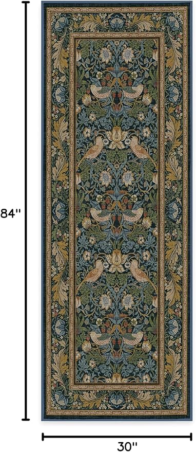 RUGGABLE x Morris & Co Machine Washable Runner Rug – Strawberry Thief Indigo 2.5x7, Stain-Resistant, Non-Slip – Washable Rug for Hallway, Entryway, Living Room & Kitchen–with Standard Pad