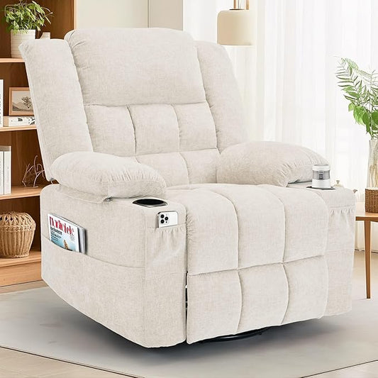 360° Swivel Rocker Recliner for Adults, Nursery Glider Recliner with Massage and Heating, Rocking Chair with Cup Holder, Manual Recliner Chair for Living Room, Bedroom (Fabric, Beige)