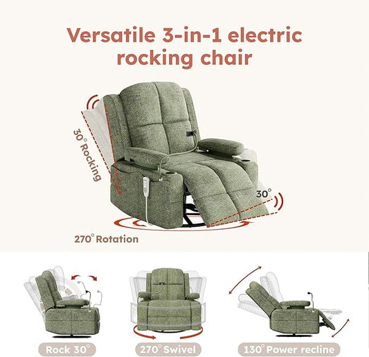 MAMAZING Triple Motor Power Swivel Rocker Recliner Chair with Adjustable Armrests for Adults, FSC Certified Faux Leather Rocking Chair Nursery for Breastfeeding, Green