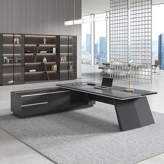 L Shape Executive Desk with Drawers – Modern Large Office Desk for Home Office, Spacious Computer Workstation with Storage Cabinets, Black Finish (Black/Left, 87" L * 63" W * 30" H)