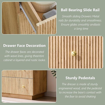 Fluted Dresser for Bedroom, 5 Drawer Dressers, Wood Tall Dresser Storage Organizer, Chest of Drawers with Deep Storage, Modern Bedroom Chest for Closet Hallway, Entryway, Living Room, Natural