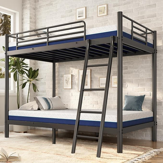 Bunk Bed Twin Over Twin with 6'' Mattresses Included, Heavy Duty Metal Bunk Bed Frame with Angled Ladder for Teens and Adults, for Spaces-Saving, Smooth Rounded Edges, Black