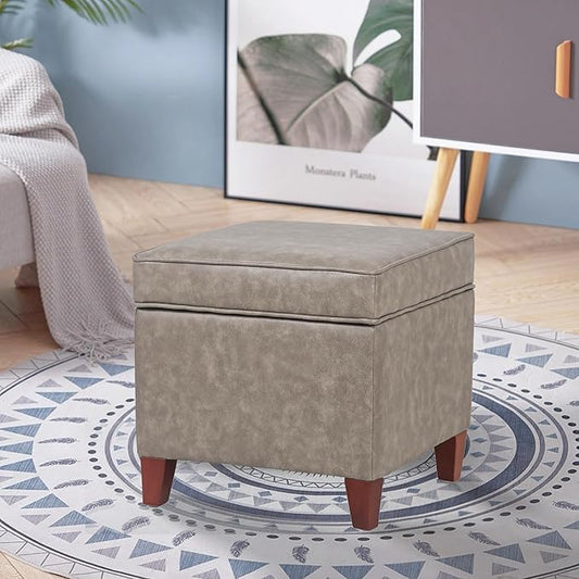 Asense Square Storage Ottoman Faux Leather Upholstered Footrest Footstool with Wooden Legs, Grey