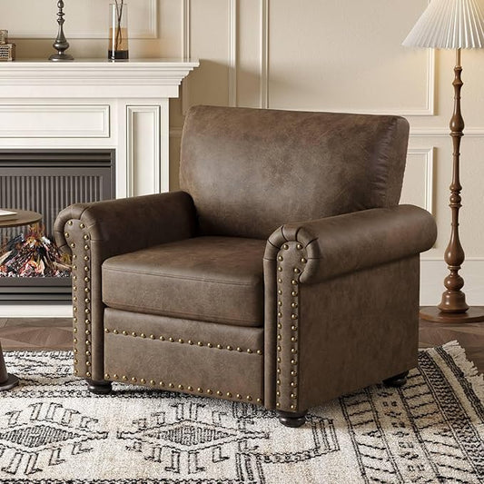 ONBRILL Nailhead Trim Accent Chair, Faux Leather Club Chair for Living Room, Comfy Armchair with Springs Cushions & Solid Wood Legs, Traditional Rolled Arms Single Sofa for Bedroom, Apartment, Brown