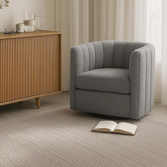 CHERS Rivet Mid-Century Modern Swivel Armchair, Bouclé Fabric Channel-Tufted Accent Chair, 360-Degree Rotating Lounge Chair with Ergonomic Design for Living Room, Bedroom, Home Theater, Gray