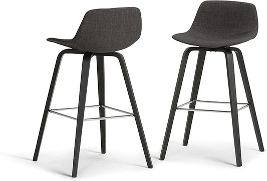 SIMPLIHOME Randolph Counter Stools (Set of 2) - 28 Inch Seat Height Upholstered Bentwood Kitchen Seats in Charcoal Grey Black Linen Look Fabric, Mid Century Seating with Curved Backrest and Footrest