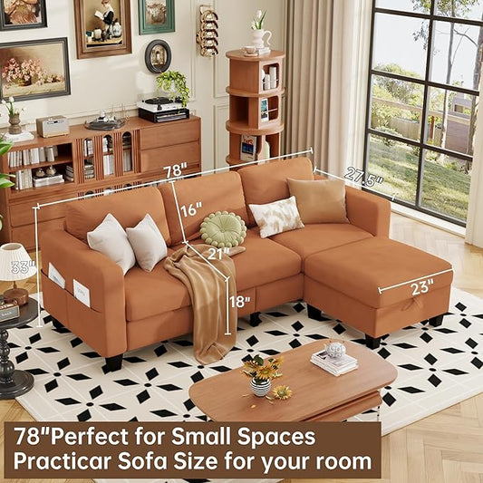 ZeeFu Sectional and Sofa Couches for Living Room - 78'' 3 Seater L-Shaped Modular Couch with Storage Ottoman - Modern Velevt Fabric Upholstered Sofa Set for Small Space Apartment Office