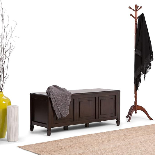 SIMPLIHOME Connaught Storage Bench - 51 inch Wide Solid Wood Trunk Bench in Dark Chestnut Brown, Traditional Bench for Entryway with Lift-Up Lid and 3 Hidden Compartments