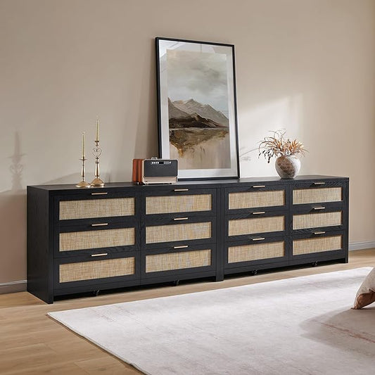 SICOTAS Rattan Dresser for Bedroom, 56.9" Wide 6 Drawer Dresser with Ample Storage, Wooden Dressers Large Chest of Drawers, Closet, Boho TV Stand for Bedroom (Black Oak, 2 Pieces)