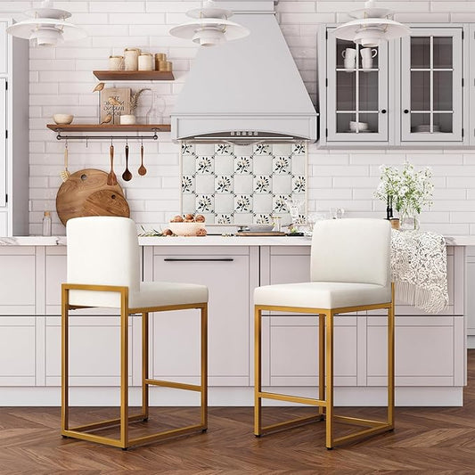ALPHA HOME 24 Inch Bar Stools Set of 2, Kitchen Counter Stools with Backs, PU Leather Barstools, White Bar Stools with Upholstered Footrest, Sturdy Chromed Metal Steel Frame, White