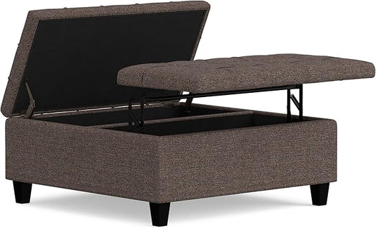 SIMPLIHOME Harrison 36 inch Wide Transitional Square Coffee Table Storage Ottoman in Mink Brown Tweed Look Fabric, Assembled, for the Living Room and Bedroom