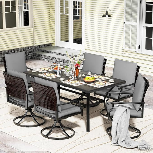 LEVELEVE 7 Piece Outdoor Patio Dining Set with 6 Swivel Dining Chairs & 1 Large Round Dining Table,Bistro Furniture Set for Lawn, Garden, Deck, Backyard and Porch