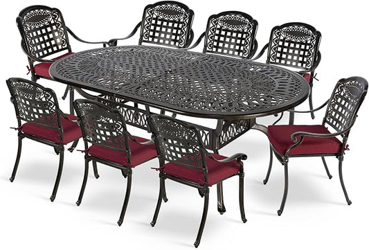 MEETWARM 9-Piece Outdoor Furniture Dining Set, All Weather Cast Aluminum Patio Garden Set with 1 Oval Table, 8 Chairs, 8 Cushions, 2" Umbrella Hole, Dark Bronze, Chili Red