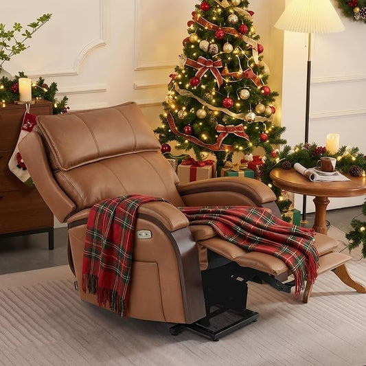 MCombo Power Lift Recliner Chair Sofa with Massage and Heat, Adjustable Headrest for Elderly People, Solid Wood Armrest, USB Ports, Side Pockets, Faux Leather 7917 (Tawny, Medium)