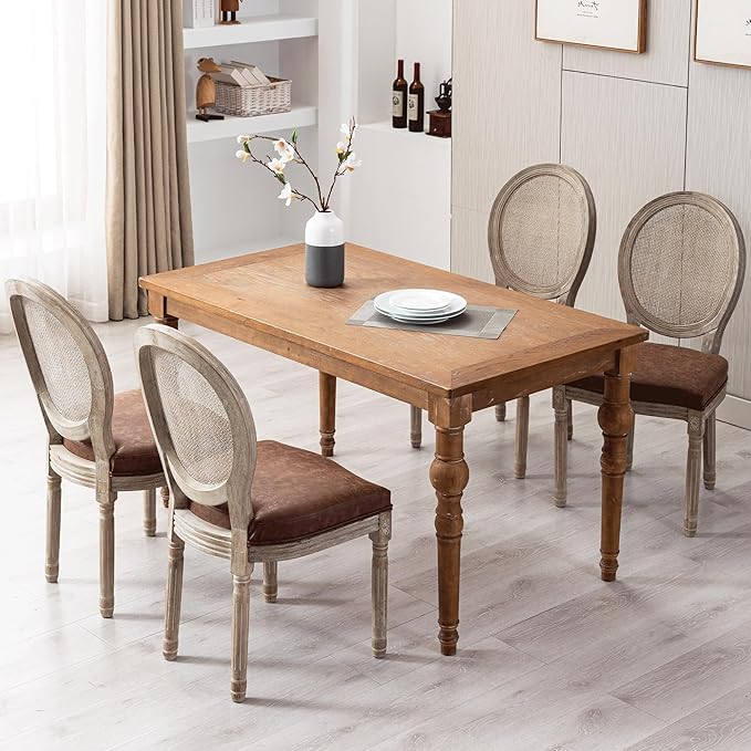 Farmhouse Leather Dining Room Chairs Set of 4 French Dining Chairs with Round Rattan Back French Bistro Chairs for Dining Room/Living Room/Kitchen/Restaurant, Brown