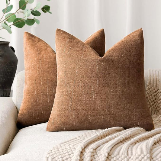 Foindtower Pack of 2 Soft Textured Chenille Throw Decorative Pillow Covers Square Accent Solid Cushion Cover Cozy Farmhouse Pillow Case with Zippe for Couch Sofa Bed Living Room 22x22 Inch, Bronze