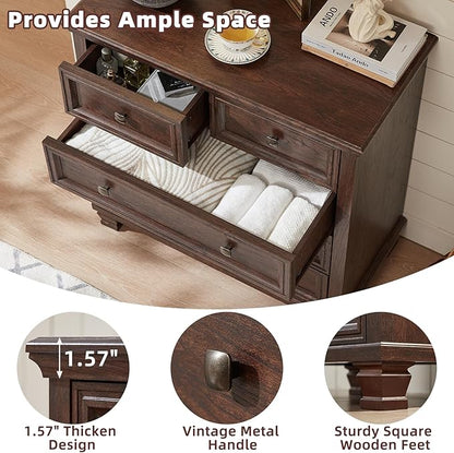Farmhouse Bedroom Dresser and Nightstand Set of 4, 6 Drawer Low & 5 Drawers Dresser & 3 Drawer Nightstand Set with Wooden Legs, Rustic Wood Bedroom Furniture for Livingroom, Hallway, Walnut